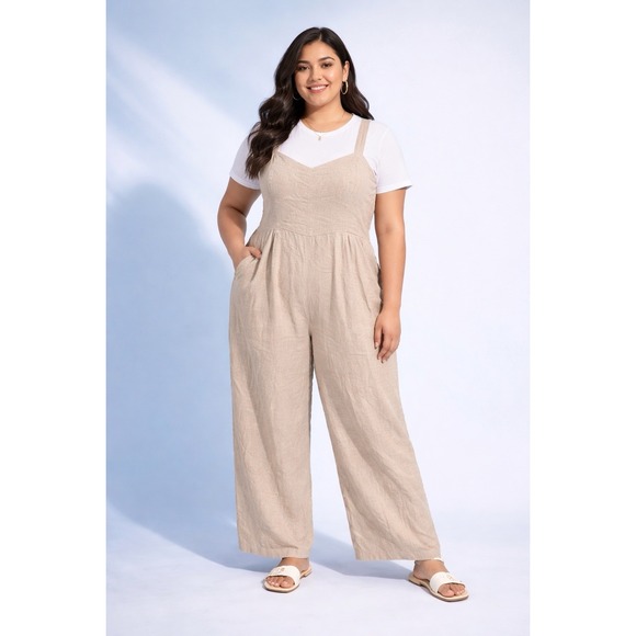Old Navy Pants - Old Navy Jumpsuit 2X Beige Fit & Flare Linen Blend Smocked Back pockets capsule